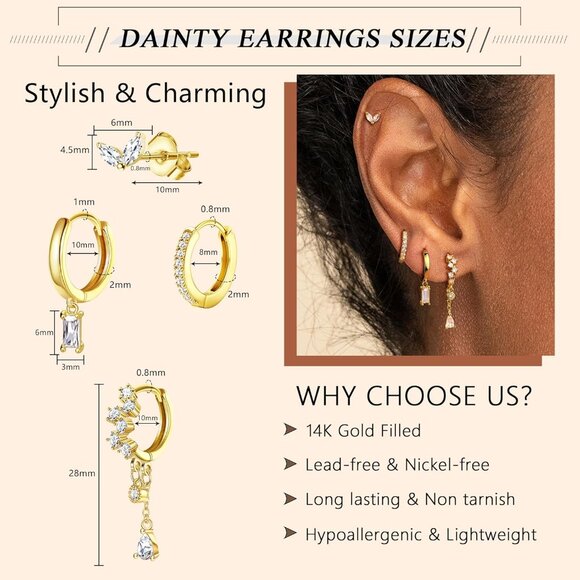 Small 14K Gold Hypoallergenic Dangle Hoop Earrings for Women, Pack of 3-4 Pairs - Picture 2 of 9